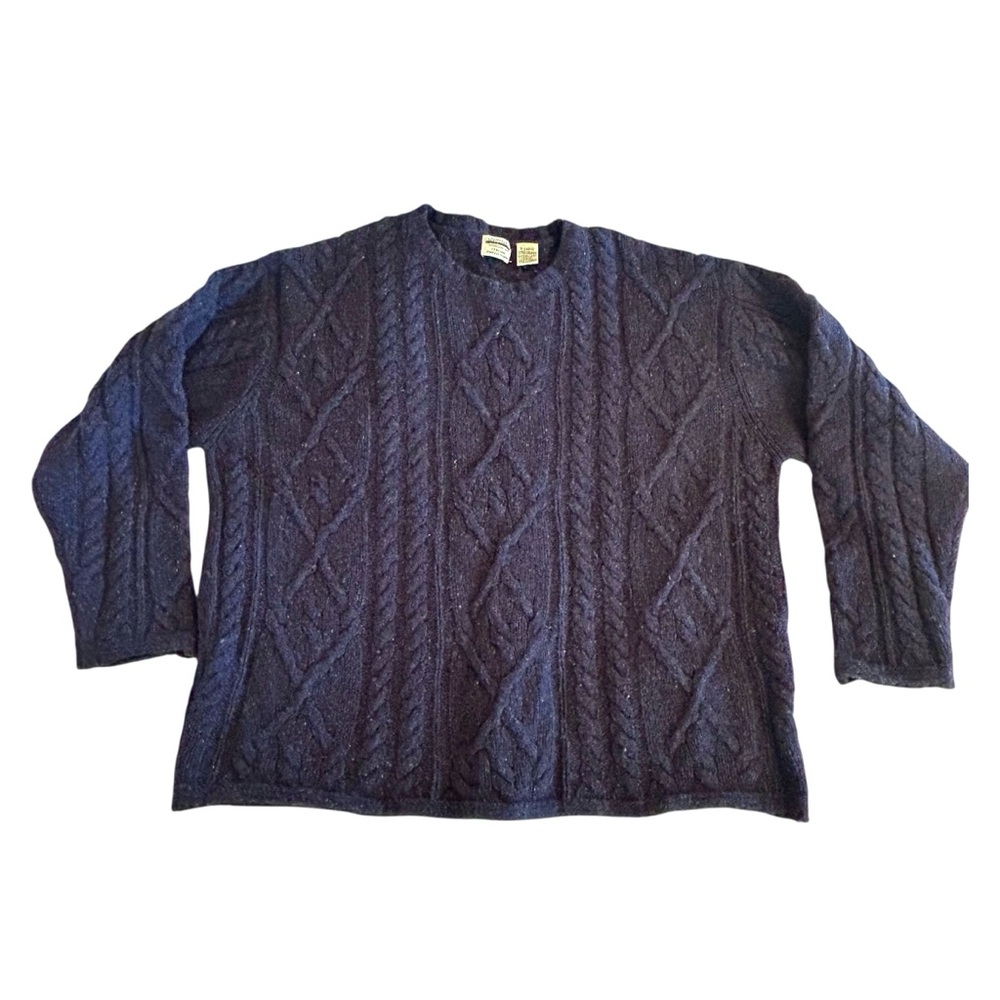 Womens Navy Italian Wool Blend Cable Knit Fisherman Sweater XL SJB Vintage 90s
